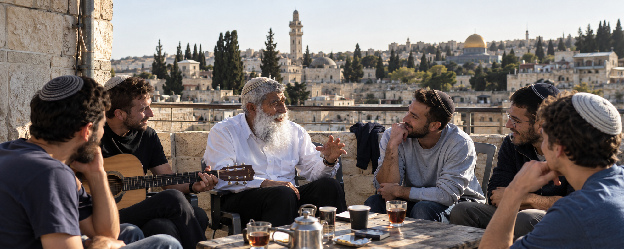 הרב והחבר'ה יושבים ומדברים על מרפסת מול העיר העתיקה בירושלים