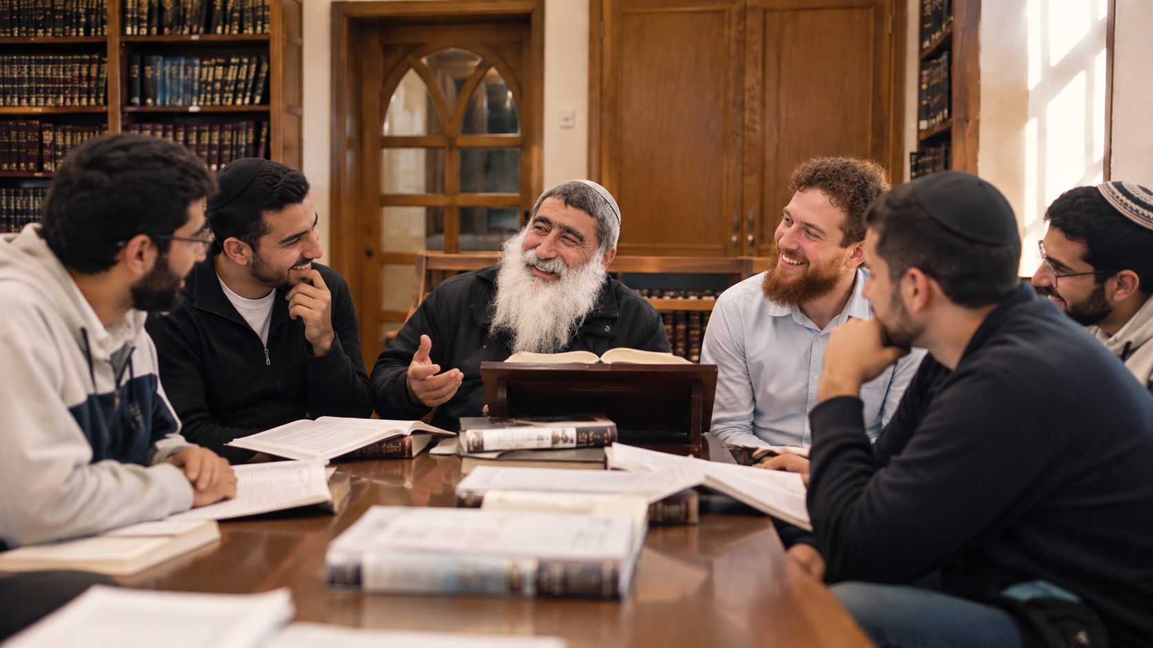הרב שמואל והבחורים לומדים יחד סביב שולחן בבית המדרש