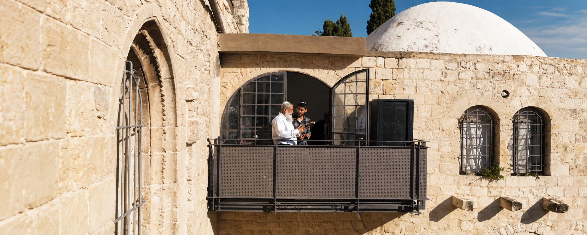לימוד משותף על מרפסת אבן בירושלים, כיפה לבנה ברקע